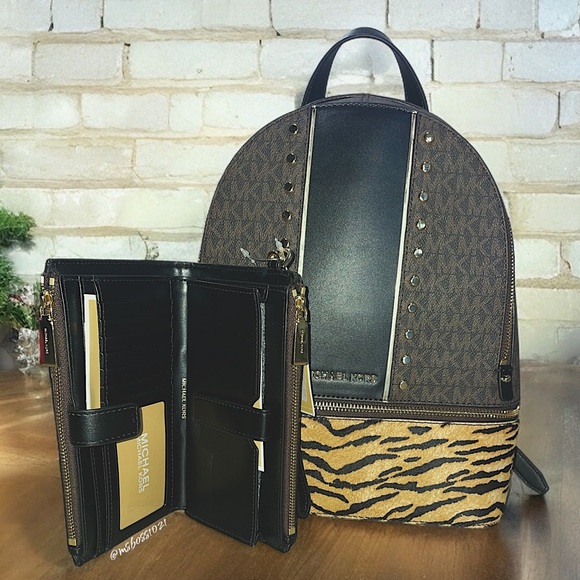 Micheal Kors Rhea Studded Logo and Tiger Print Calf Hair Backpack + Wallet NWT - Picture 2 of 11